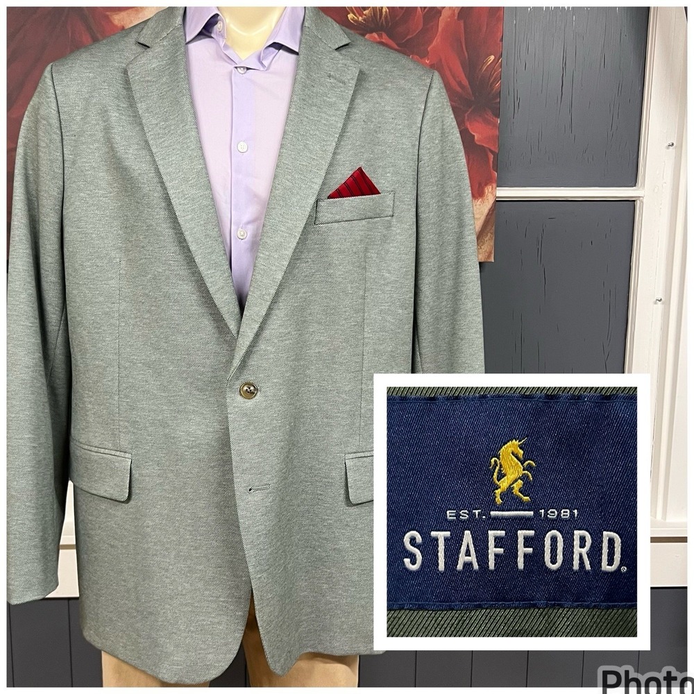 Stafford Blazer Jacket Sport Coat Mens 52R Polyester Blend Stretch Green Jersey